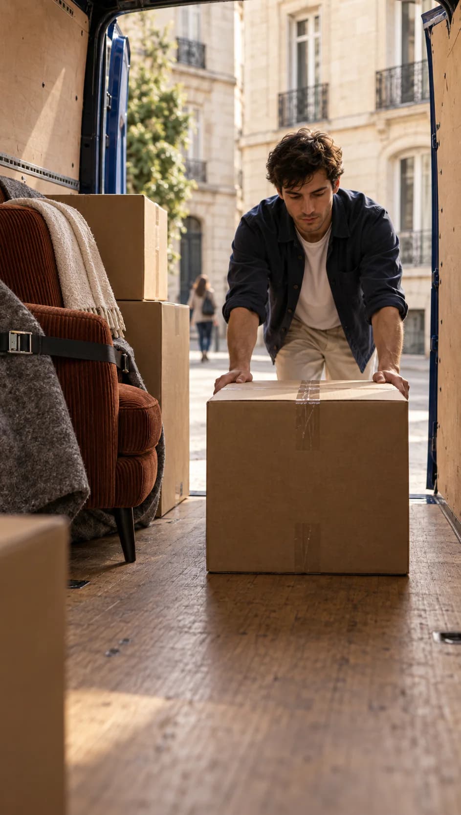 Un déménageur charge un carton dans un utilitaire