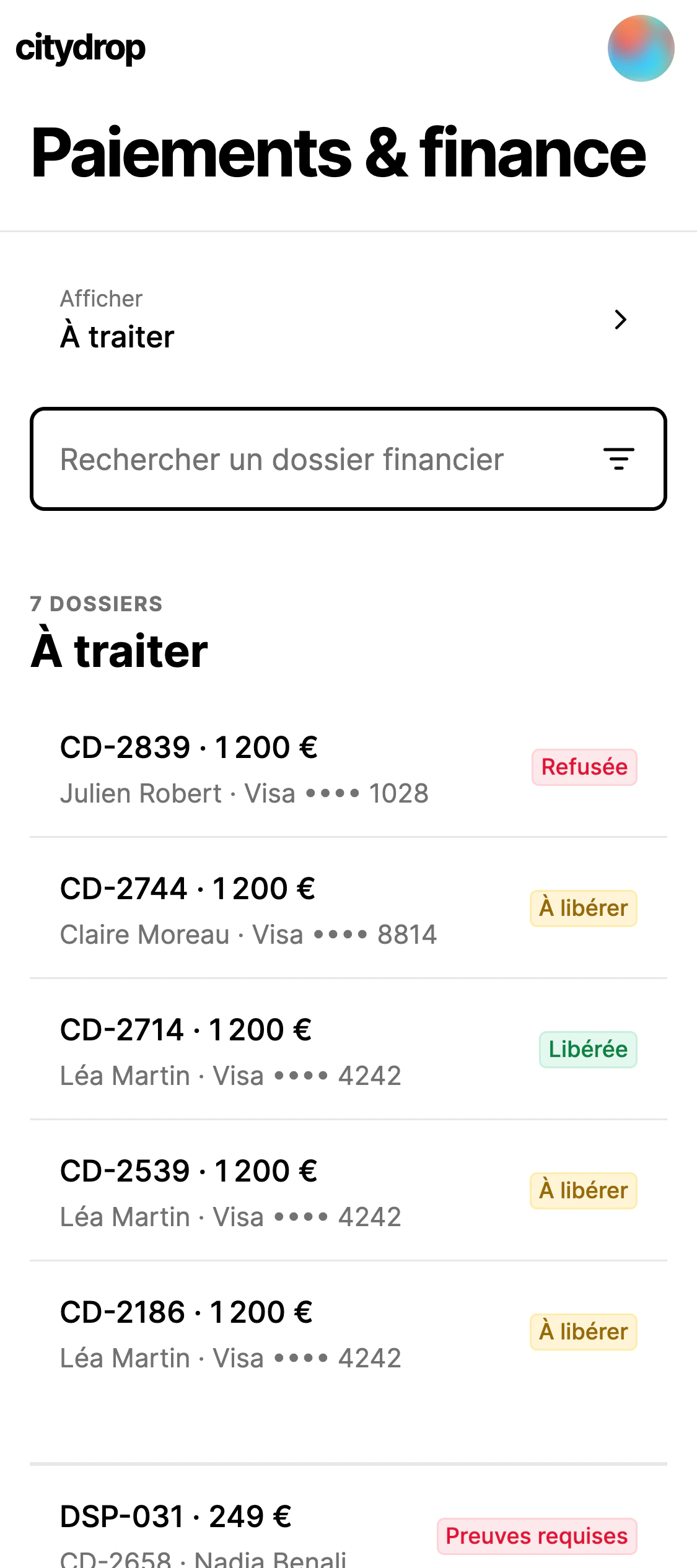Paiements et finance dans l’espace de travail des opérations Citydrop