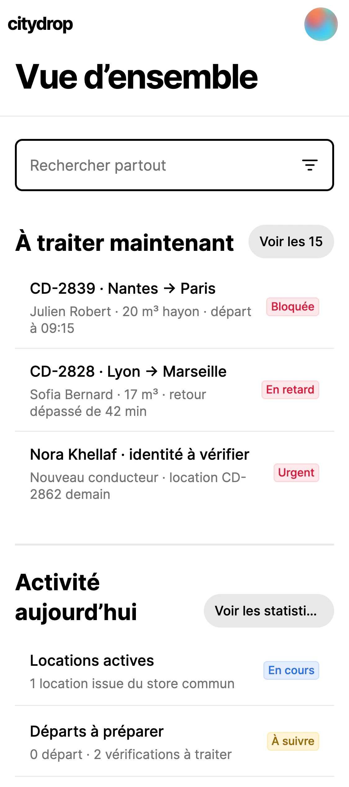 Vue d’ensemble de l’espace de travail des opérations Citydrop
