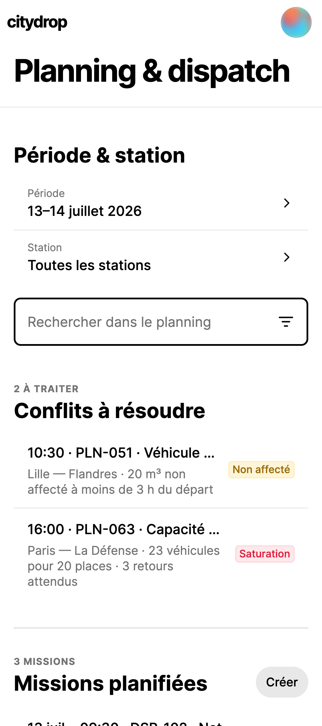 Planification et affectation dans l’espace de travail des opérations Citydrop