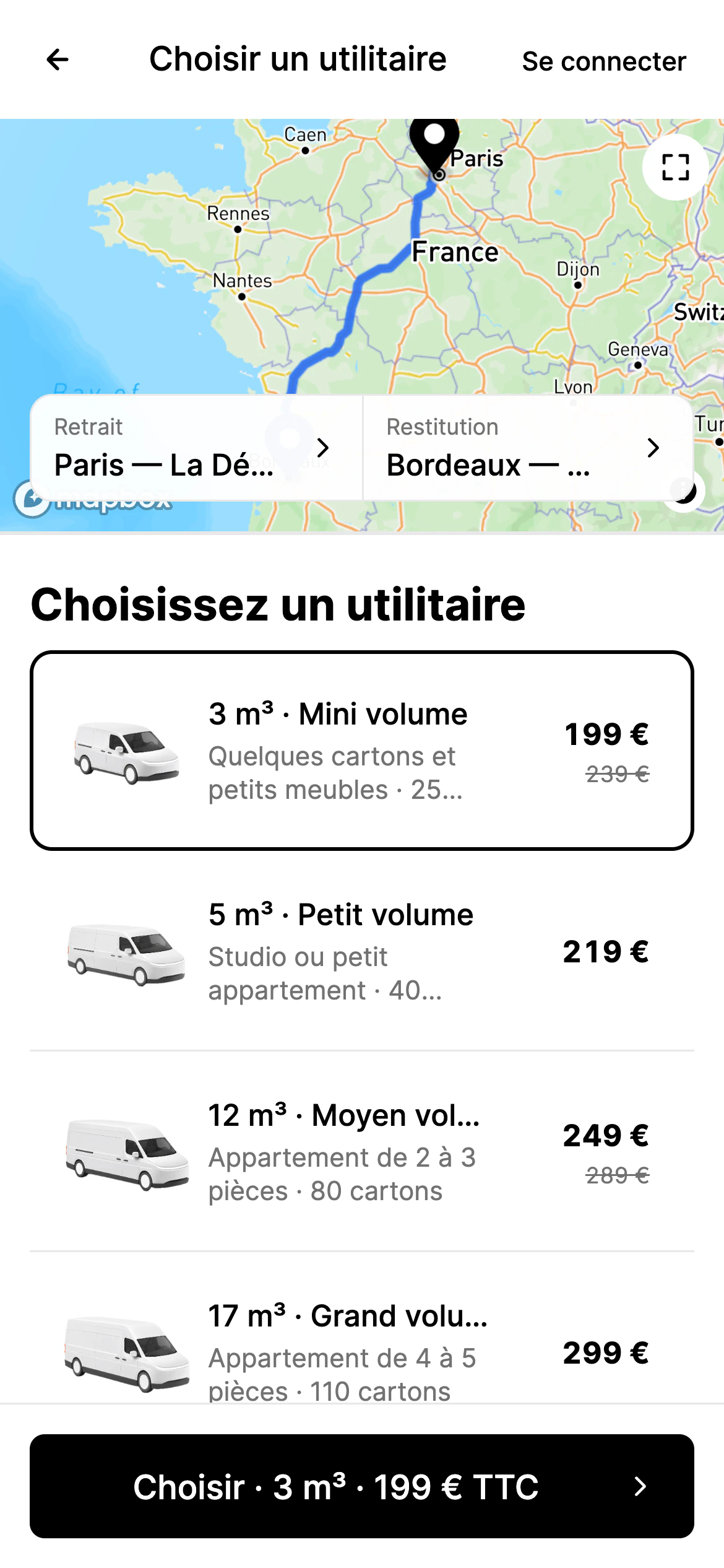Liste des utilitaires disponibles pour le trajet Paris vers Bordeaux
