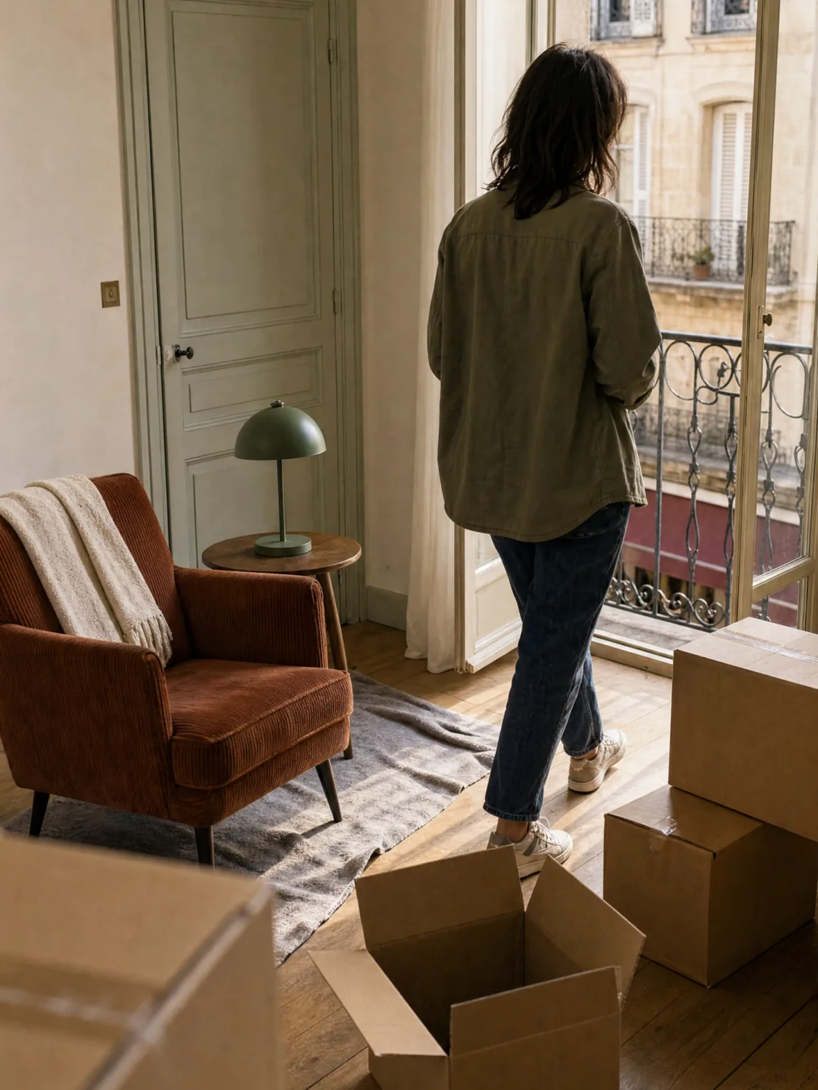 Une personne se tient près d’un balcon, entourée de cartons de déménagement.